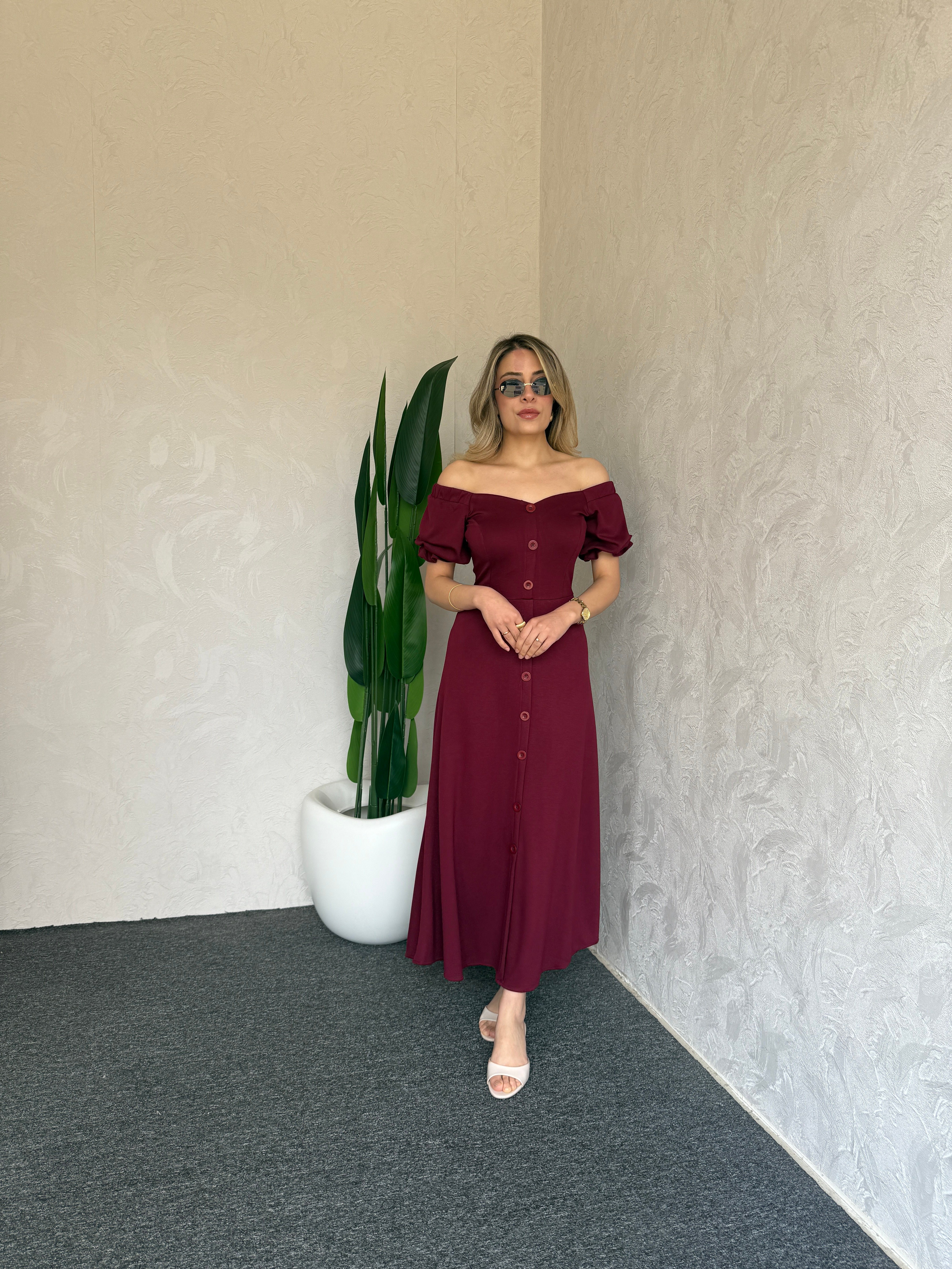 Kayık Yaka Modal Elbise Bordo - 1118