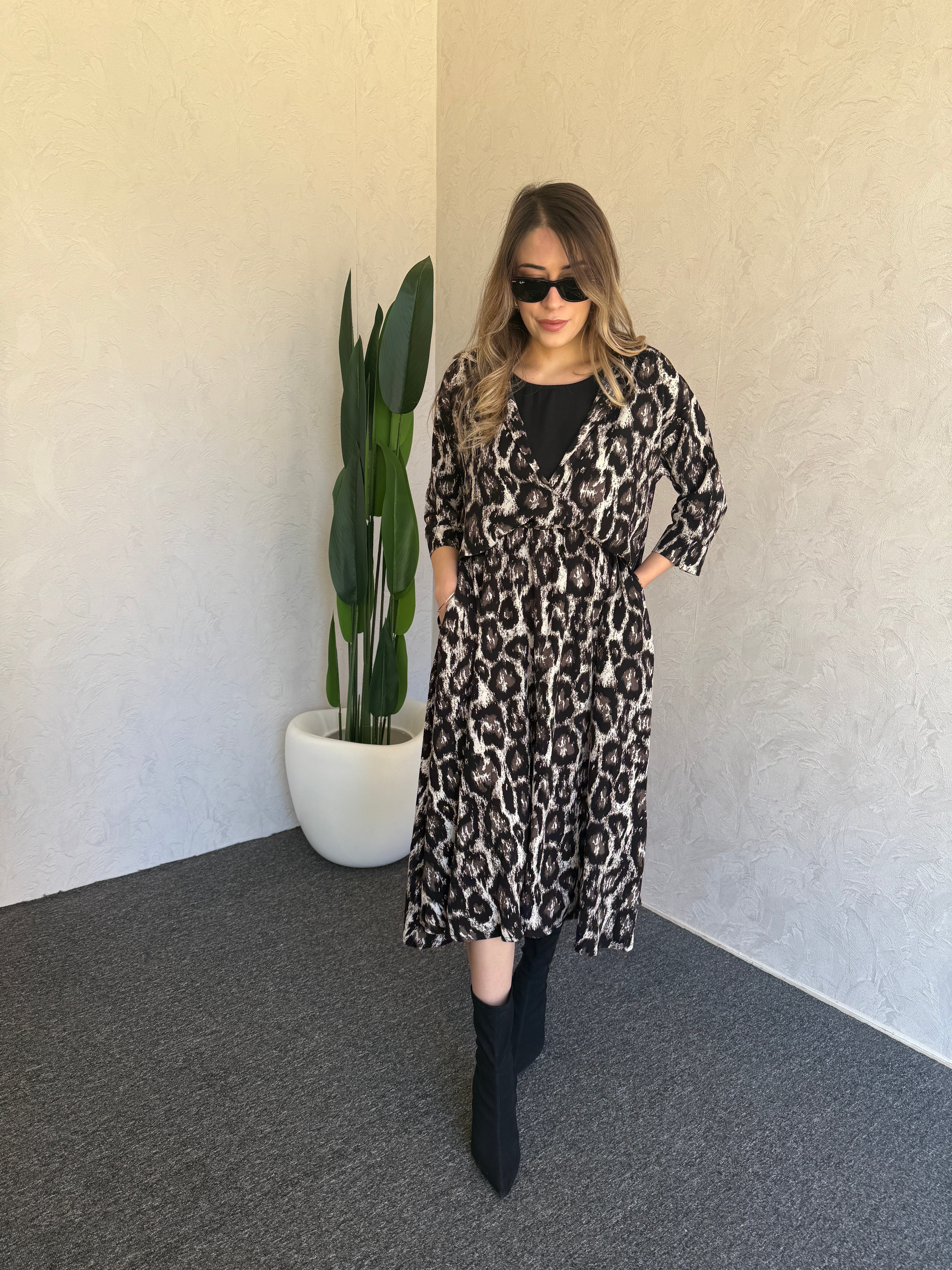 Leopar Desen Midi Elbise Siyah - 1101