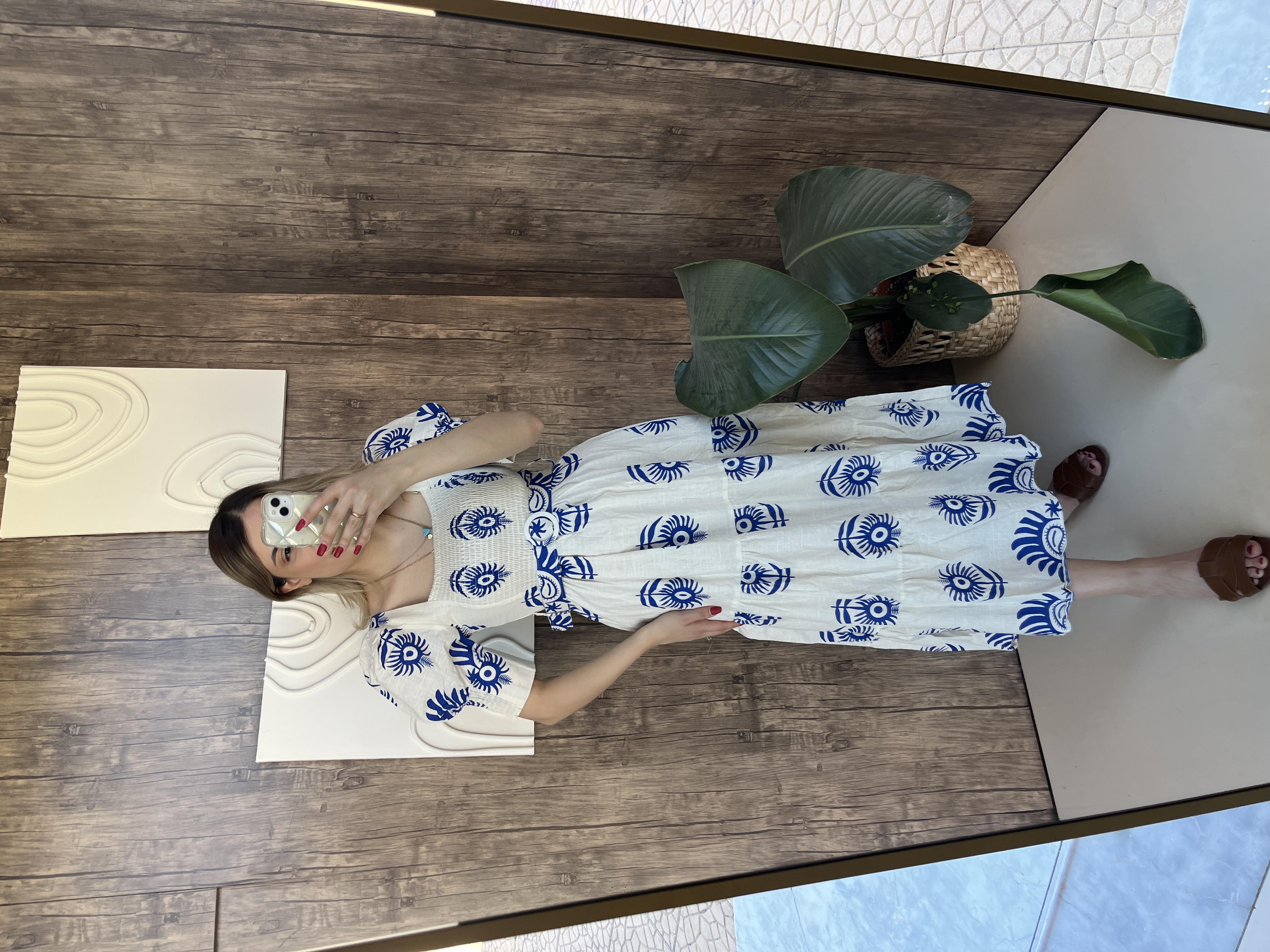 Mavi Kemerli Çiçekli Elbise