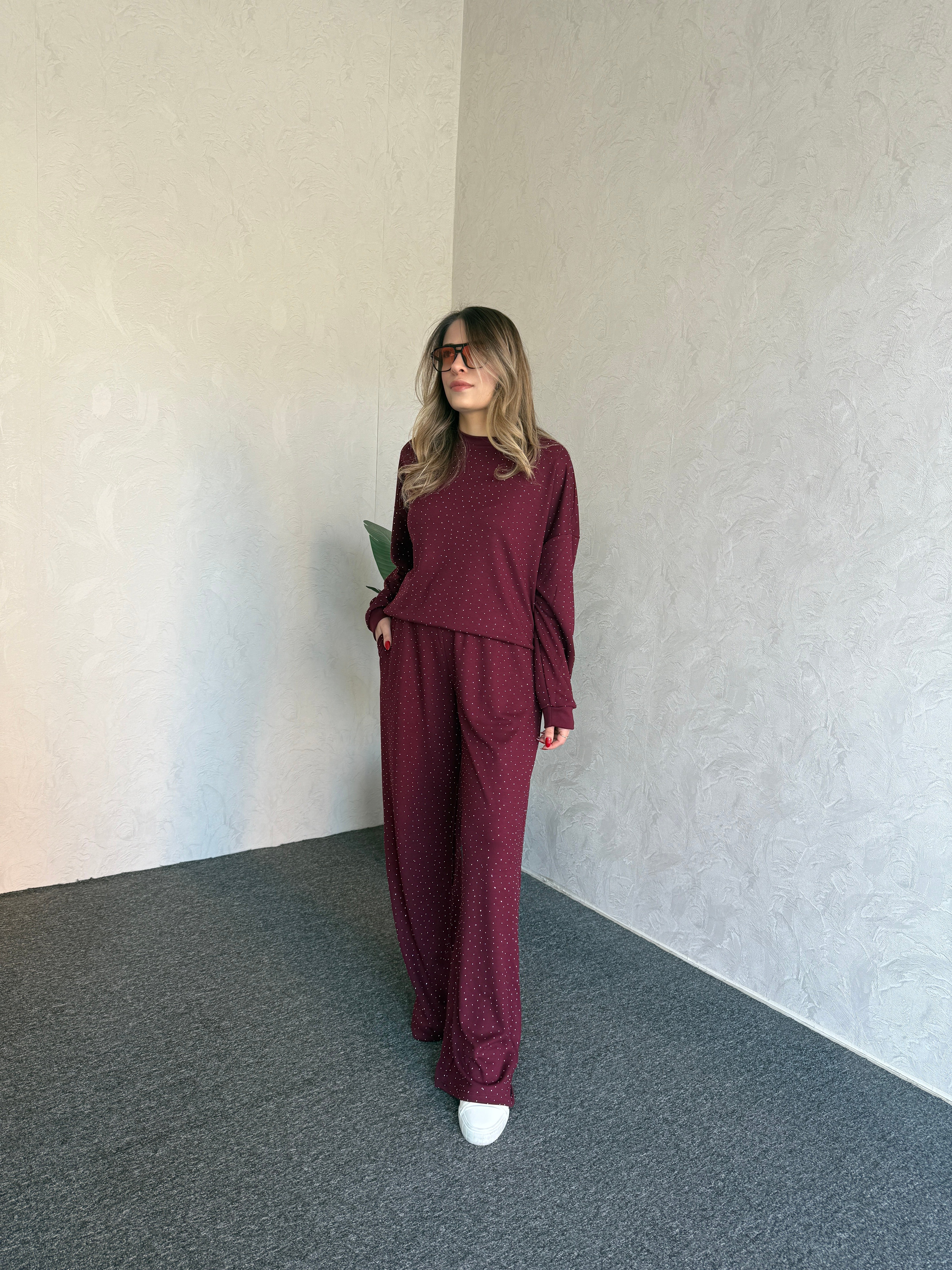 Taşlı Modal Takım Bordo - 1092