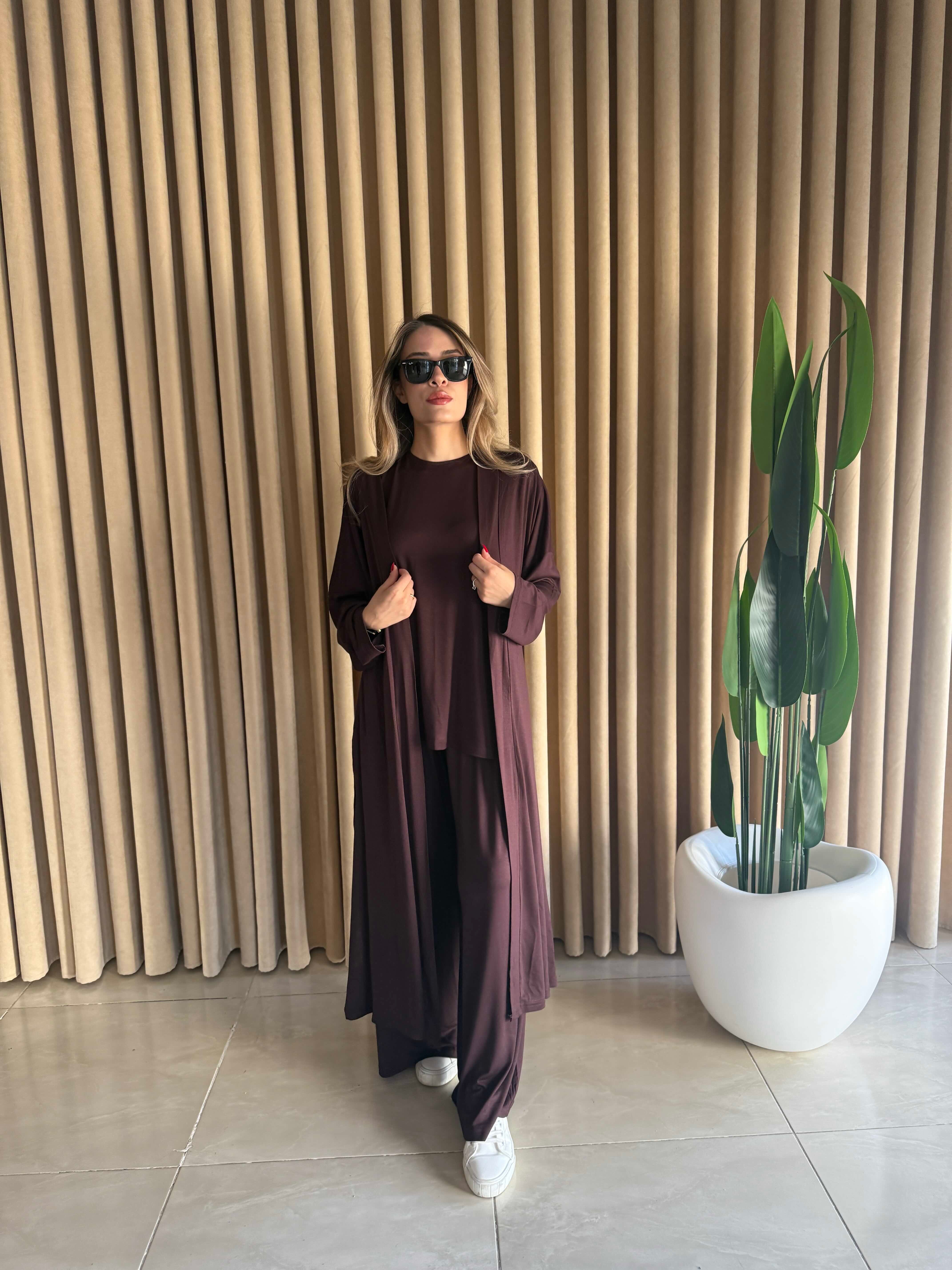 Üçlü Uzun Kimono Takım Kahverengi - 1138