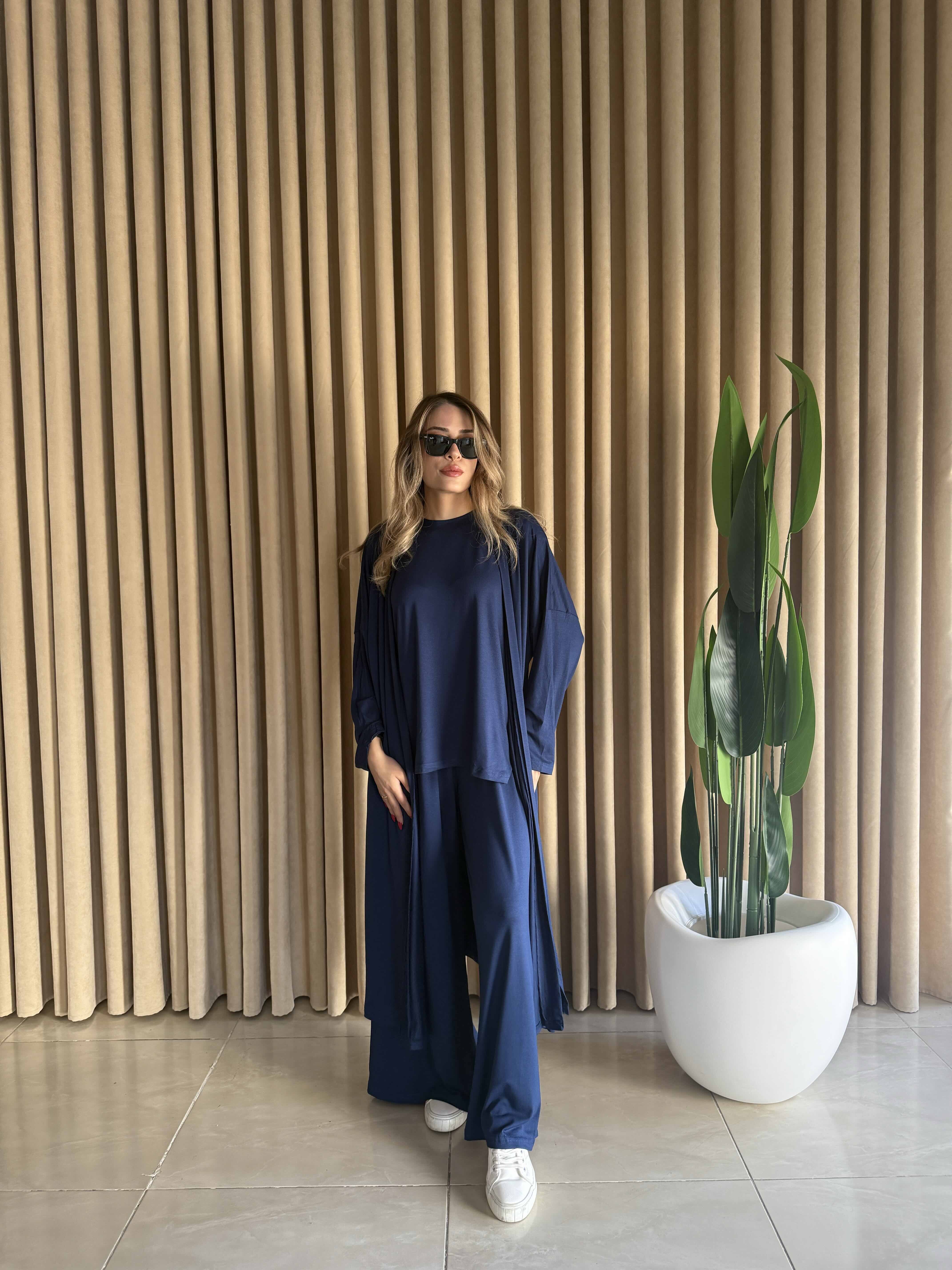 Üçlü Uzun Kimono Takım Lacivert - 1138