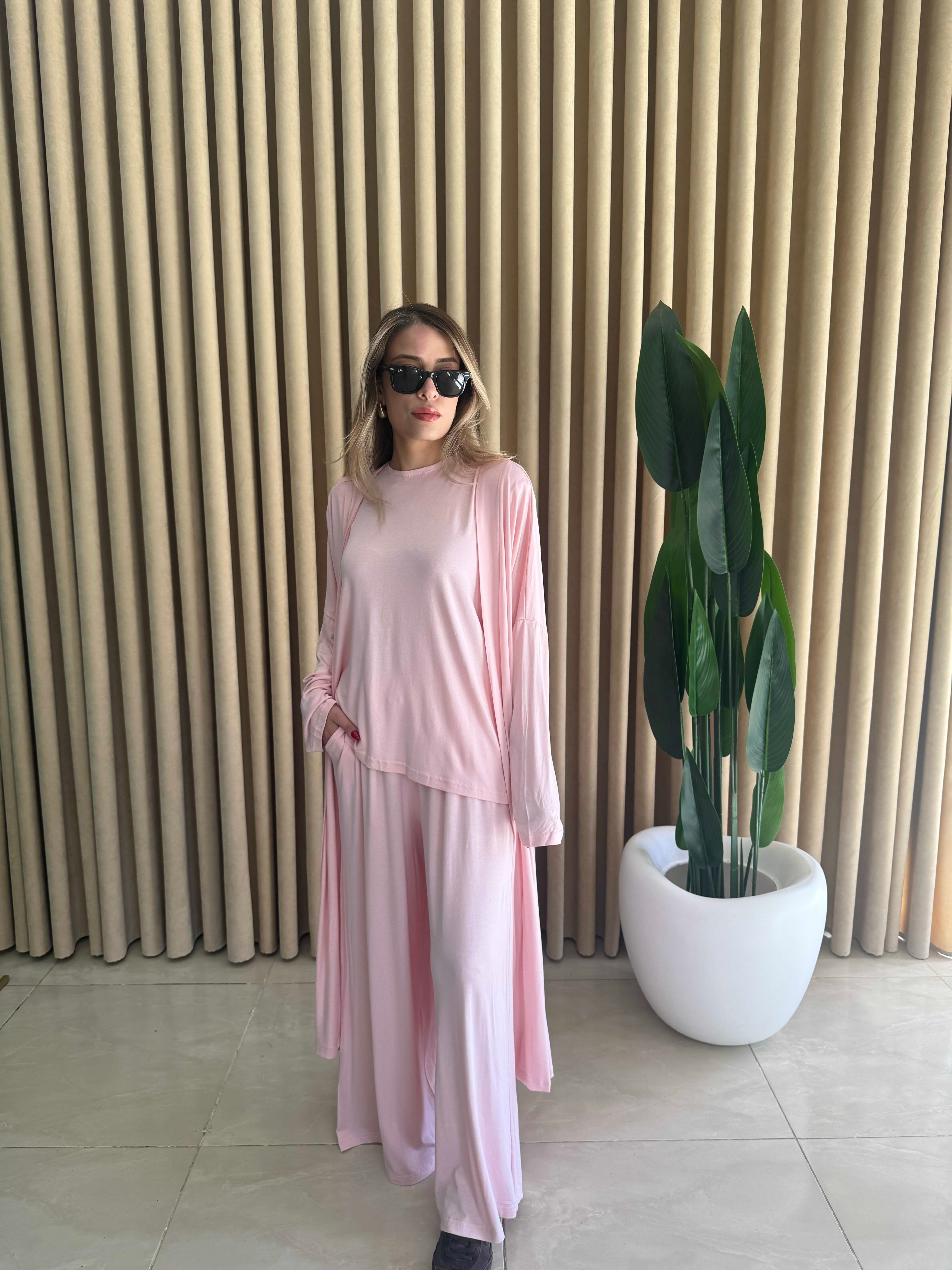 Üçlü Uzun Kimono Takım Pudra - 1138