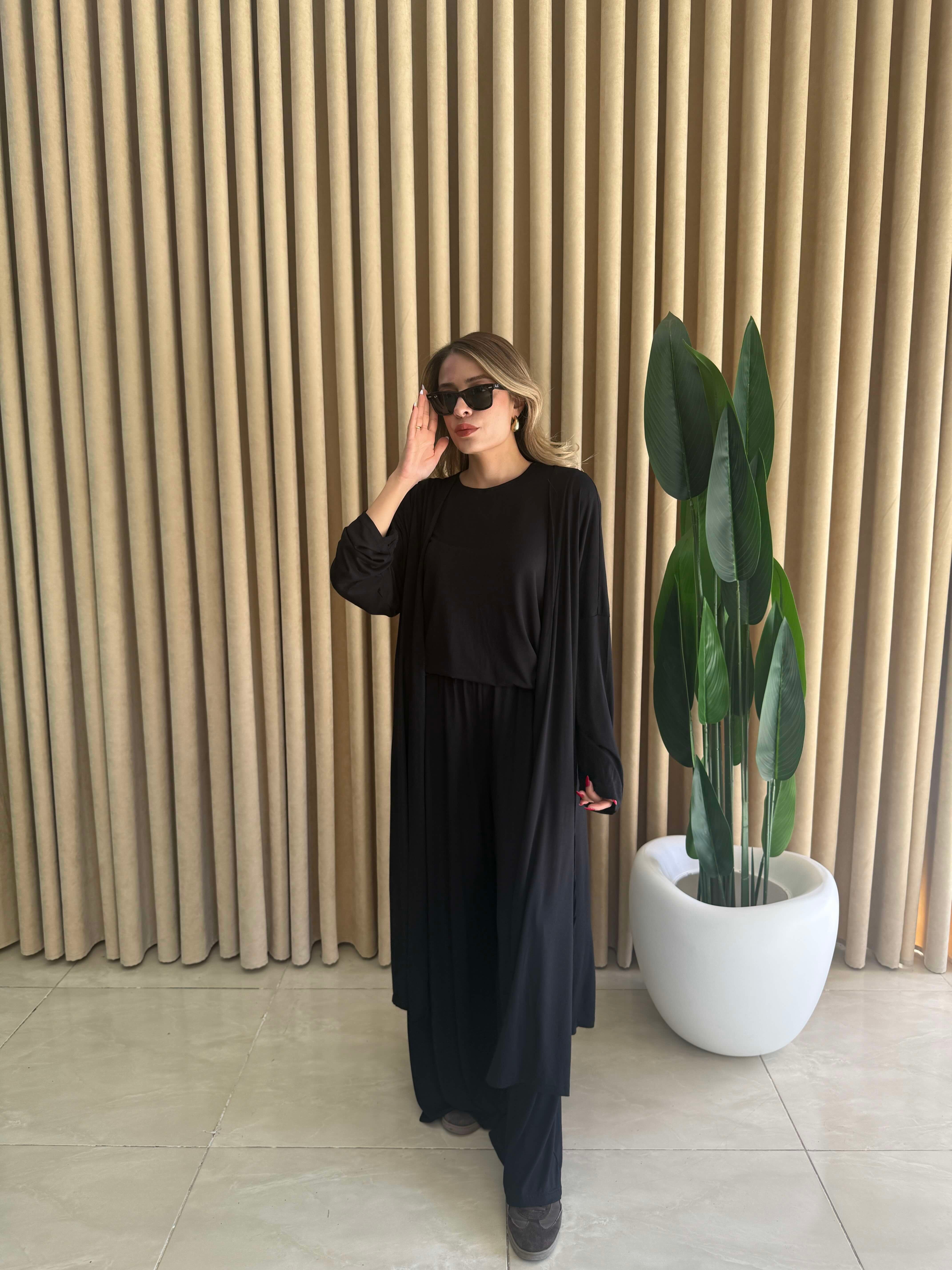 Üçlü Uzun Kimono Takım Siyah - 1138