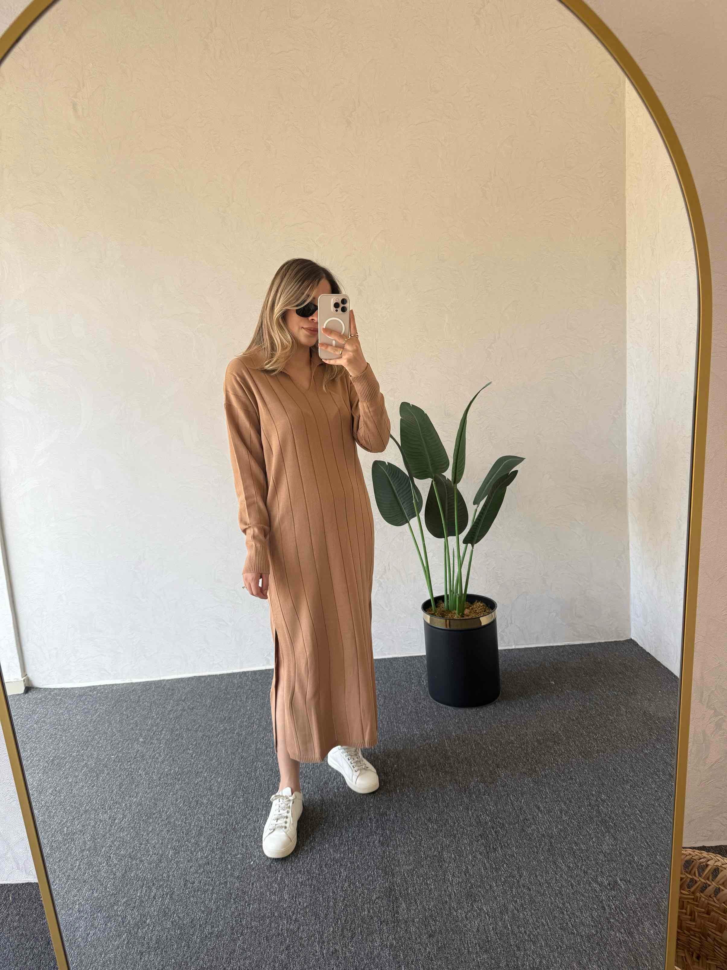 Uzun Kol Basic Elbise Camel - 1064