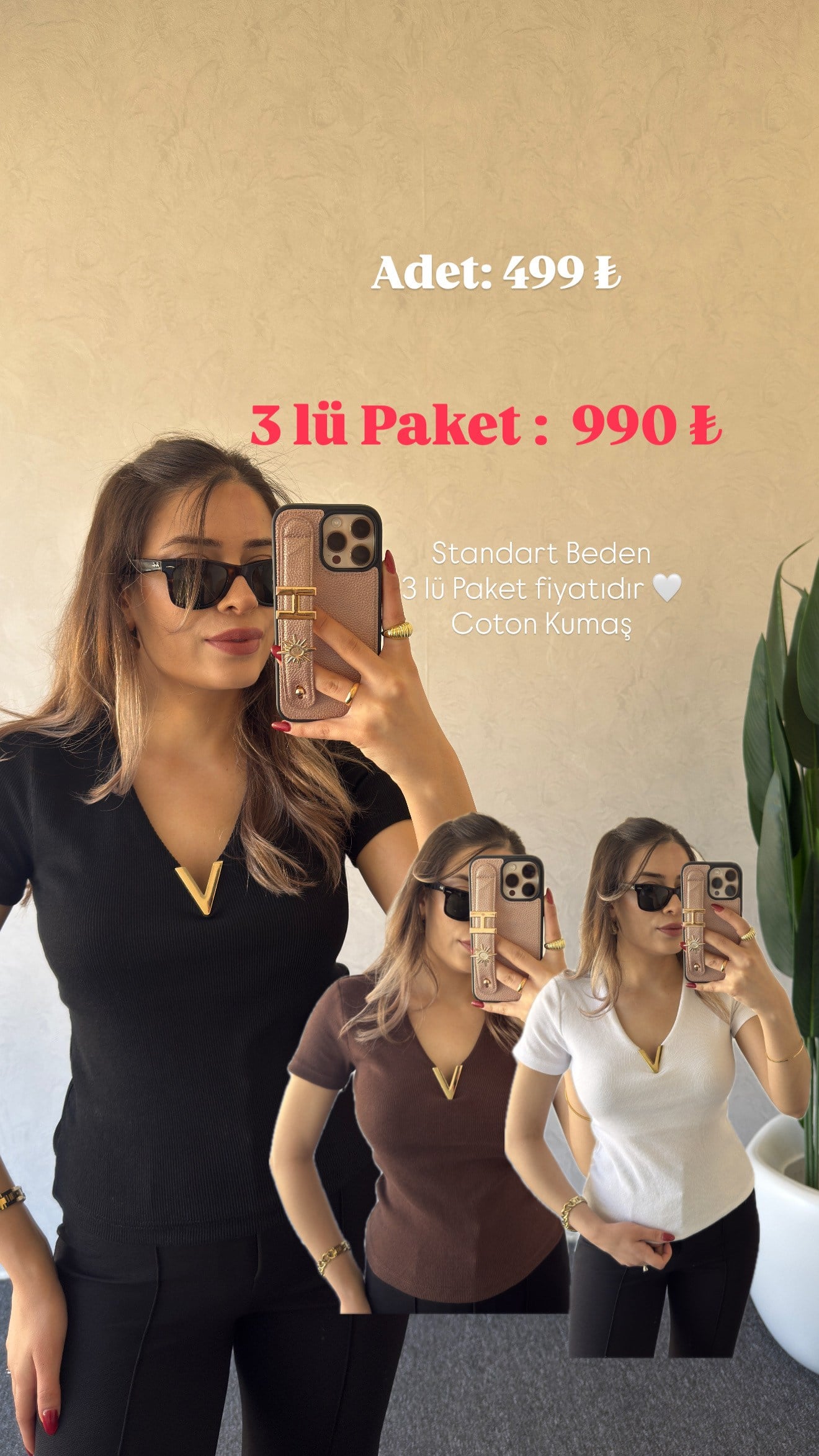 V Metal Detay Tshirt 3 lü Paket - 1111