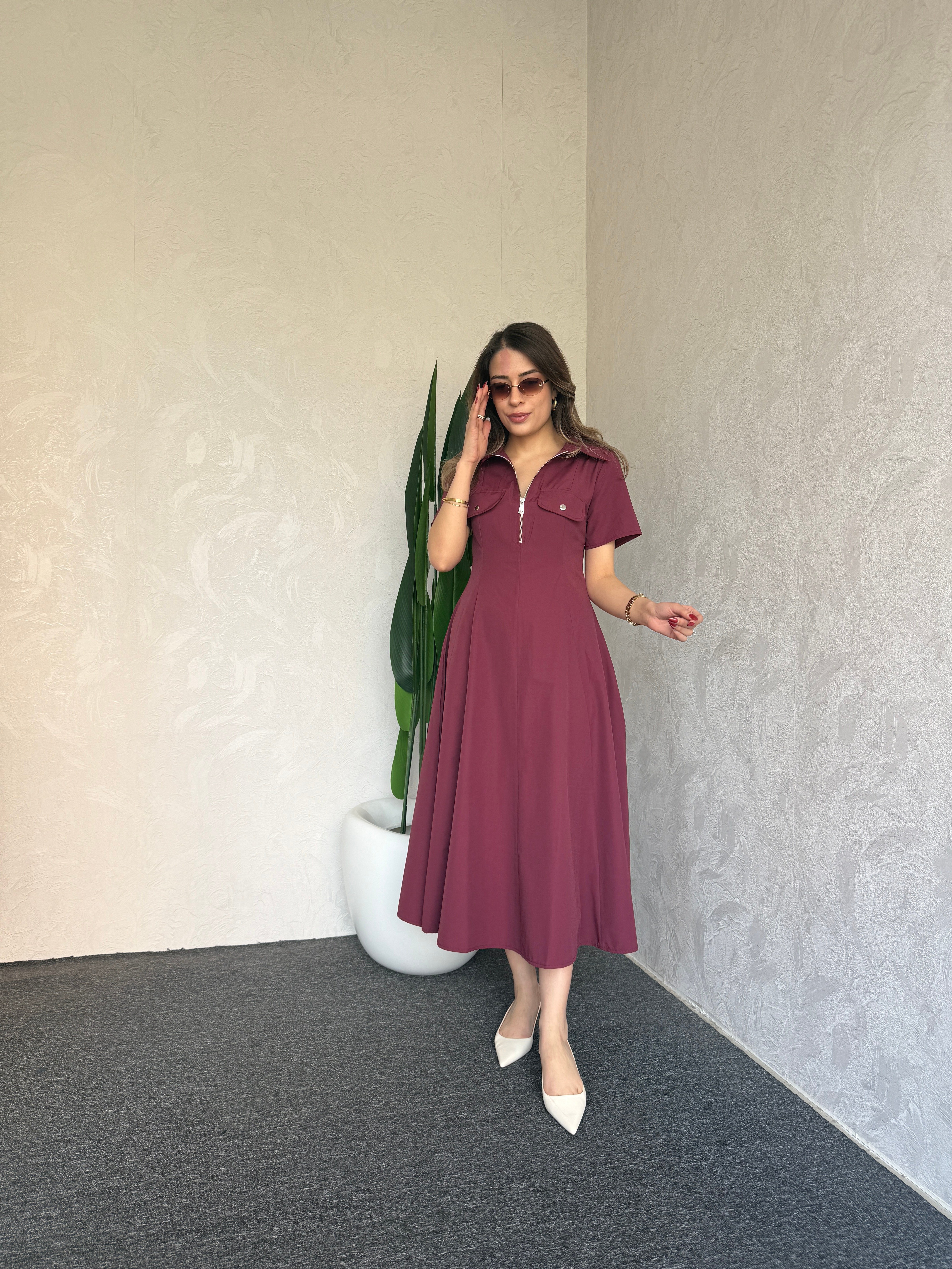 Yaka Fermuar Detay Elbise Bordo - 1116
