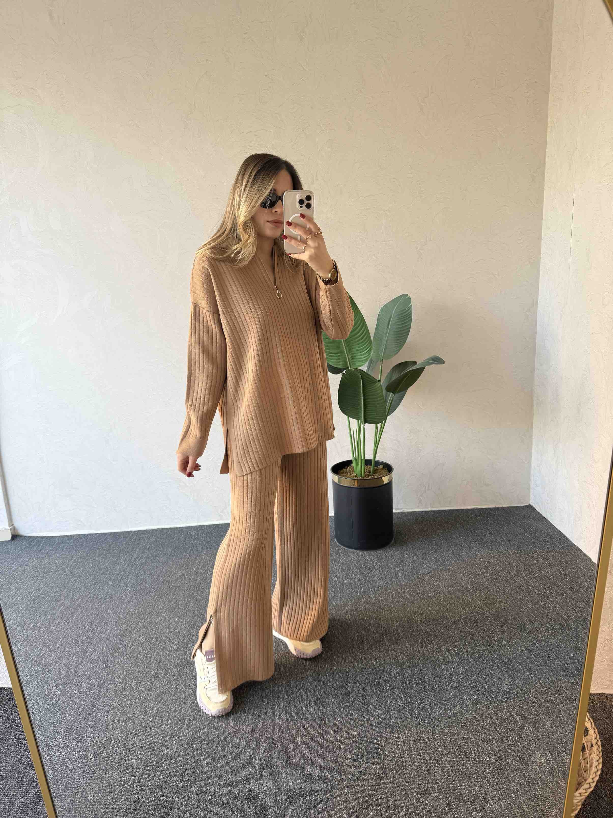 Yaka Paça Fermuar Triko Camel - 1074