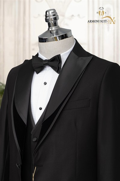  Slim Fit Siyah Düz Damatlık & Smokin Yelekli Şal Yaka Takim Elbise
