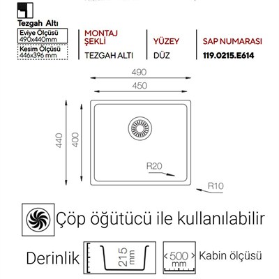 Ukinox ME 451 Evye, Tek hazneli, Tezgah altı, 45x40 cm