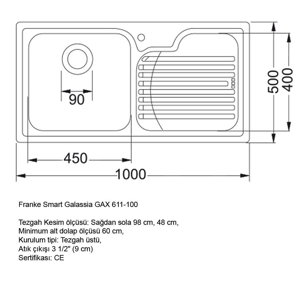 Franke GAX 611 Paslanmaz Çelik Evye, Sağ, Inox, 100x50cm