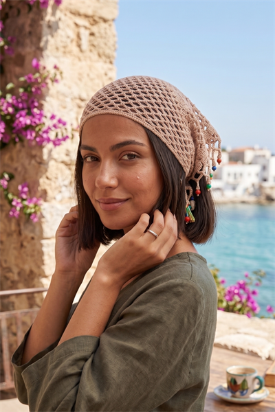 %100 El Örgüsü Boncuklu Bohem Kadın Bandana Saç Aksesuarı