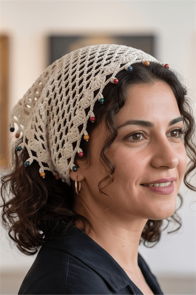 %100 El Örgüsü Boncuklu Bohem Kadın Bandana Saç Aksesuarı