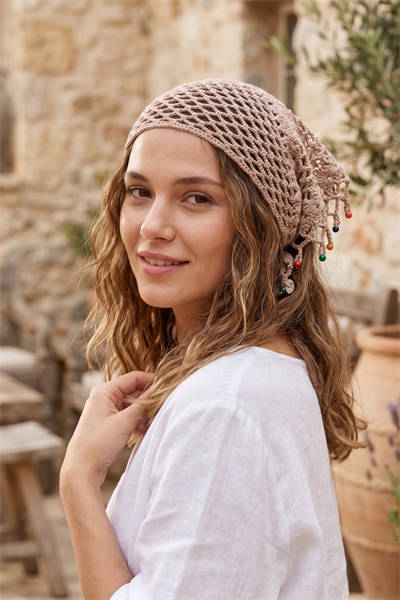 %100 El Örgüsü Boncuklu Bohem Kadın Bandana Saç Aksesuarı