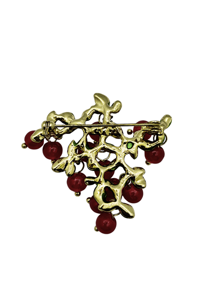 Cherry Bloom Kırmızı Meyve ve Yaprak Tasarım Zarif Broş