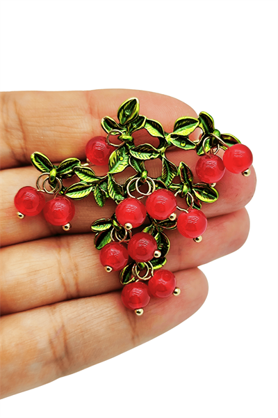 Cherry Bloom Kırmızı Meyve ve Yaprak Tasarım Zarif Broş