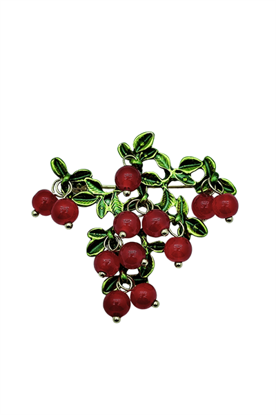 Cherry Bloom Kırmızı Meyve ve Yaprak Tasarım Zarif Broş