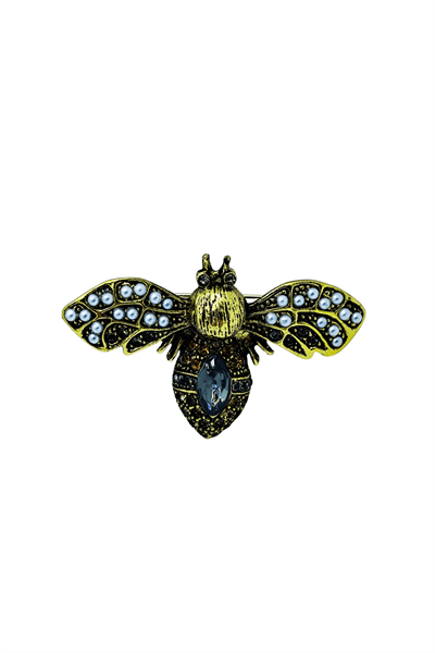 Dumanlı Kristal ve İnci Detaylı Vintage Arı Broş