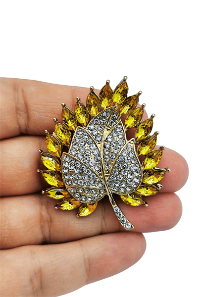Golden Autumn Işıltılı Taşlı Yaprak Broş