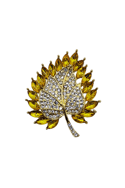 Golden Autumn Işıltılı Taşlı Yaprak Broş