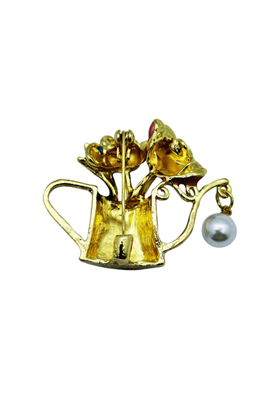 İnci Detaylı Çiçekli Fincan Gold Broş