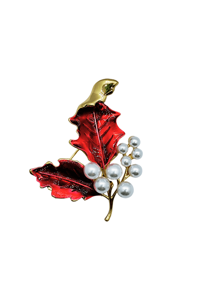 İnci Detaylı Kırmızı Yaprak Broş – Şık Doğal Form Brooch Pin