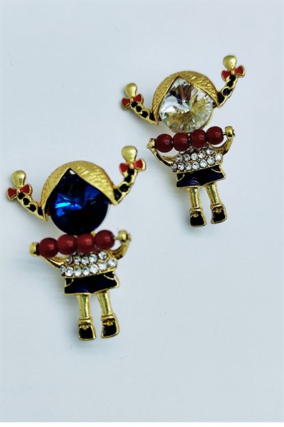 Kırmızı Boncuklu Taşlı Kız Figürü Broş – Sevimli Figürlü Şık Brooch Pin
