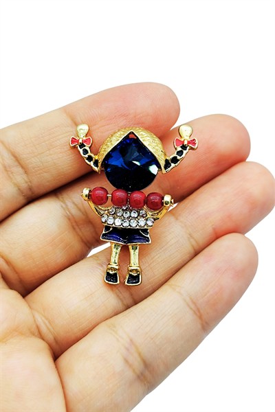 Kırmızı Boncuklu Taşlı Kız Figürü Broş – Sevimli Figürlü Şık Brooch Pin