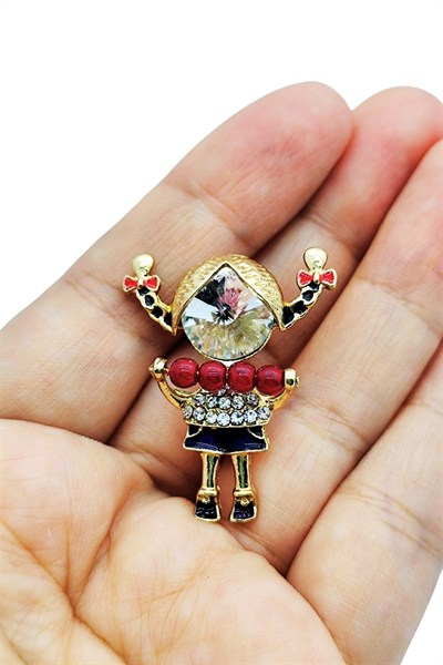 Kırmızı Boncuklu Taşlı Kız Figürü Broş – Sevimli Figürlü Şık Brooch Pin