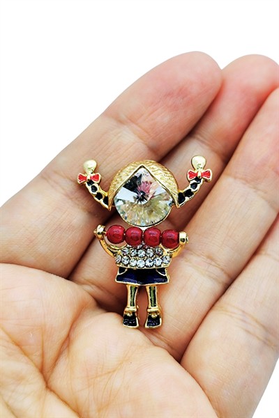 Kırmızı Boncuklu Taşlı Kız Figürü Broş – Sevimli Figürlü Şık Brooch Pin