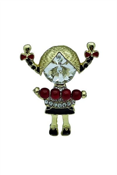 Kırmızı Boncuklu Taşlı Kız Figürü Broş – Sevimli Figürlü Şık Brooch Pin