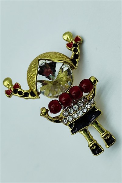 Kırmızı Boncuklu Taşlı Kız Figürü Broş – Sevimli Figürlü Şık Brooch Pin