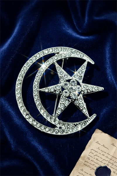Kristal Işıltılı Ay Yıldız Broş