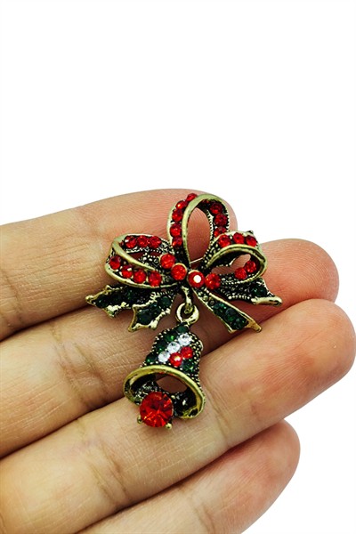 Kristal Taşlı Noel Çanı ve Fiyonk Broş – Vintage Yılbaşı Temalı Şık Aksesuar