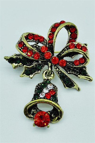 Kristal Taşlı Noel Çanı ve Fiyonk Broş – Vintage Yılbaşı Temalı Şık Aksesuar