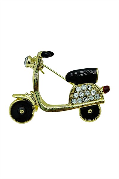 Kristal Taşlı Scooter Tasarımlı Broş – Altın Renk Şık Retro Motor Figürlü Aksesuar