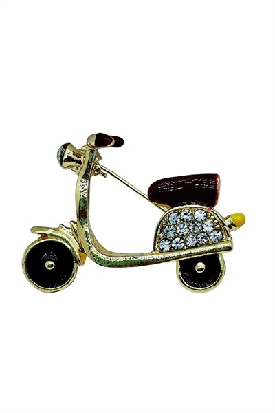 Kristal Taşlı Scooter Tasarımlı Broş – Altın Renk Şık Retro Motor Figürlü Aksesuar