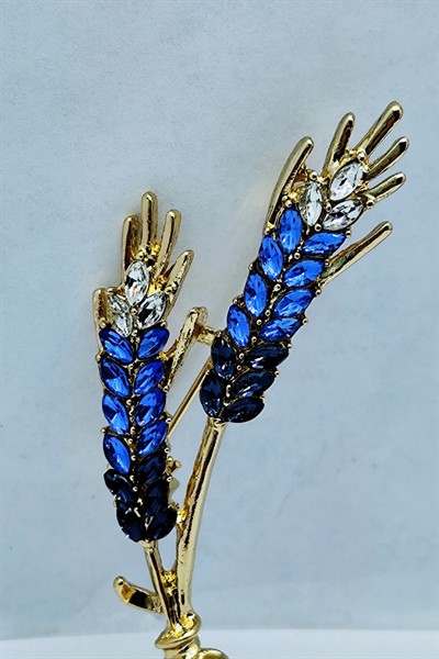 Mavi Kristal Buğday Başak Broş – Zarif Doğa Temalı Brooch | Kadın Şık Takı ve Aksesuar