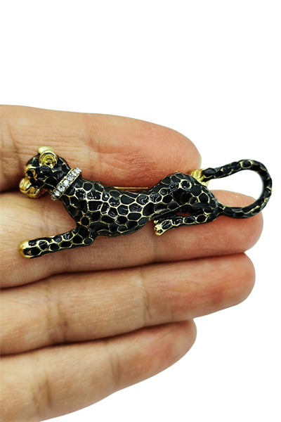 Midnight Panther Gold Detaylı Taşlı Leopar Broş