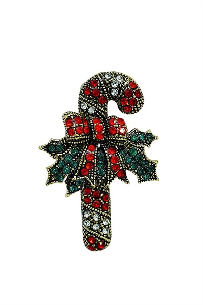 Noel Şeker Kamışı Taşlı Broş – Vintage Kristal Yılbaşı Aksesuarı Parlak Dekoratif Brooch