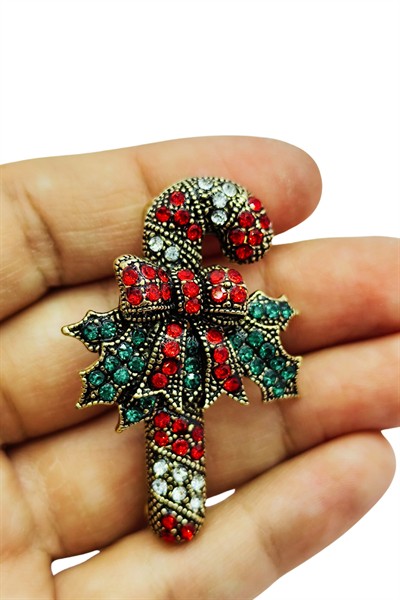 Noel Şeker Kamışı Taşlı Broş – Vintage Kristal Yılbaşı Aksesuarı Parlak Dekoratif Brooch