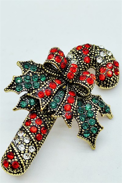 Noel Şeker Kamışı Taşlı Broş – Vintage Kristal Yılbaşı Aksesuarı Parlak Dekoratif Brooch