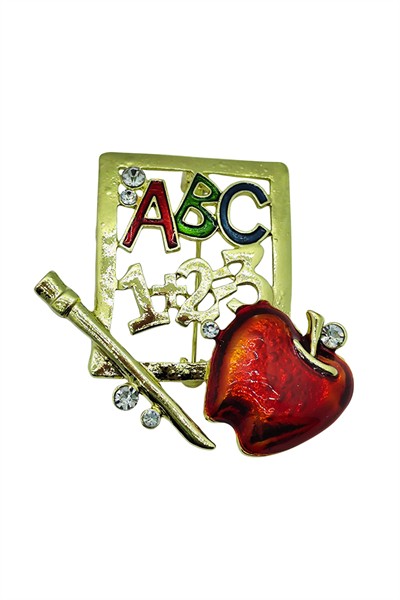 Öğretmen Temalı ABC 123 Kırmızı Elma Taşlı Broş – Renkli Eğitim Sembollü Brooch