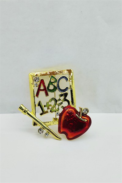 Öğretmen Temalı ABC 123 Kırmızı Elma Taşlı Broş – Renkli Eğitim Sembollü Brooch