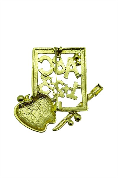 Öğretmen Temalı ABC 123 Kırmızı Elma Taşlı Broş – Renkli Eğitim Sembollü Brooch