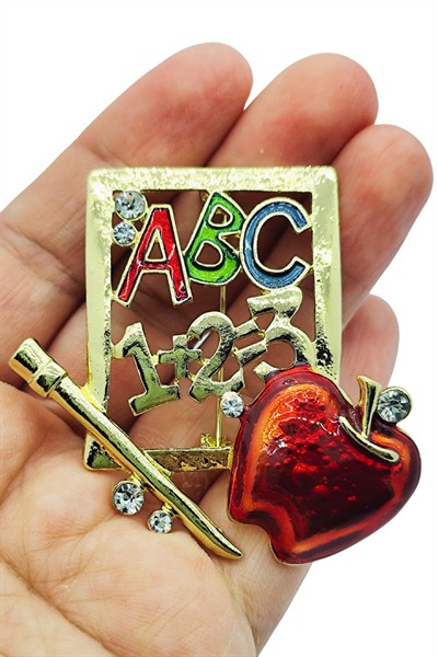 Öğretmen Temalı ABC 123 Kırmızı Elma Taşlı Broş – Renkli Eğitim Sembollü Brooch