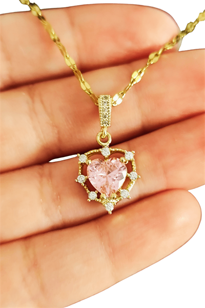 Pink Royale Işıltılı Kalp Taş Kolye