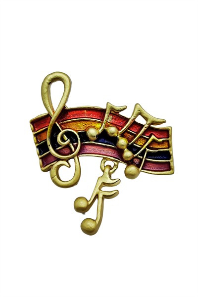 Renkli Nota ve Sol Anahtarı Tasarımlı Müzik Broş – Altın Renk Şık Aksesuar