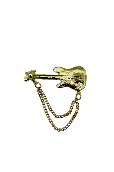Rock Star Gitar Figürlü Zincir Detaylı Gold Broş