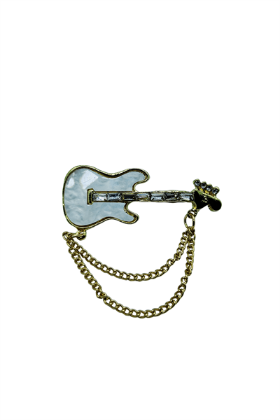 Rock Star Gitar Figürlü Zincir Detaylı Gold Broş